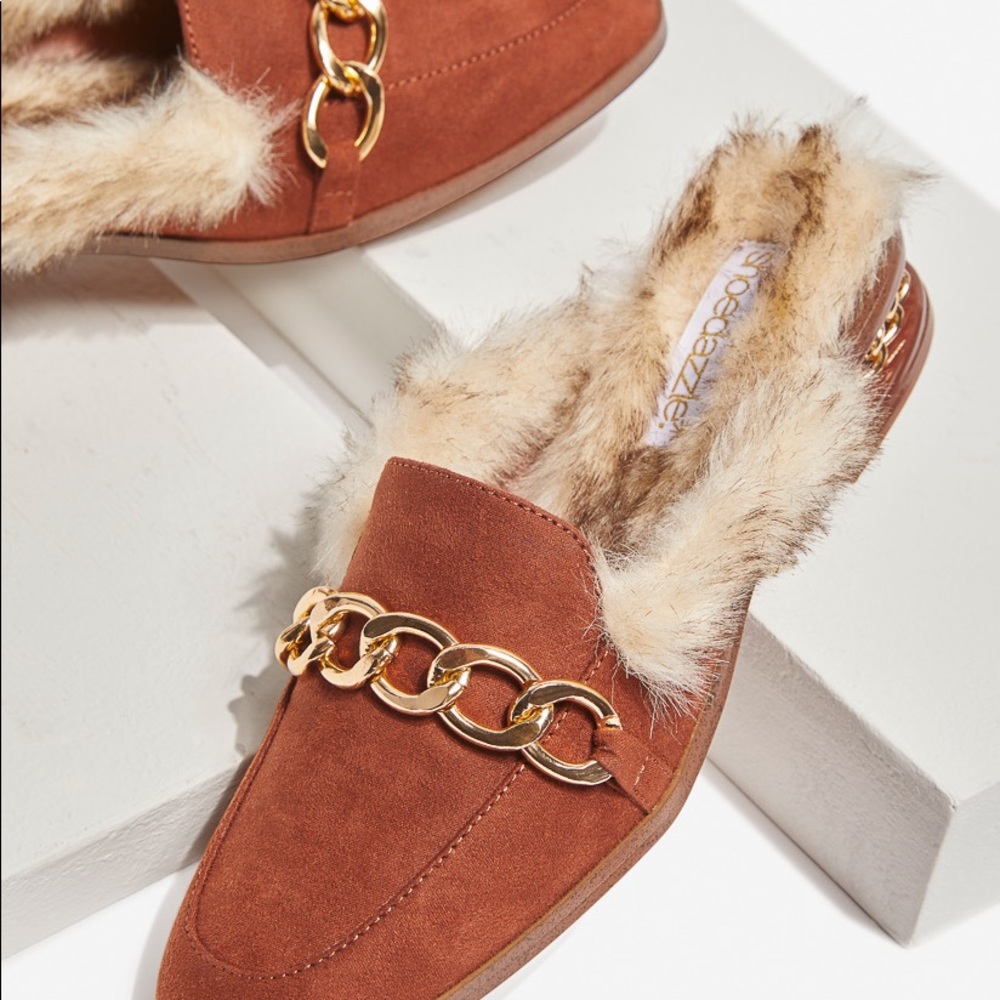 Flat mule style loafer fuzzy furry